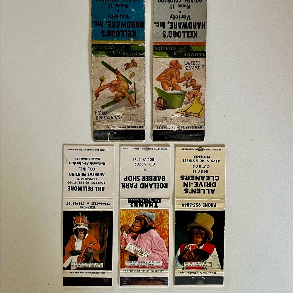 Lot of 5 vintage chimp matchbook covers including 2 Lawson Woods